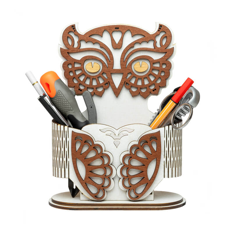 🦉 Drewniany organizer na biurko – Sowa