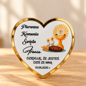 Podziękowania dla gości w kształcie serca ze złotą ramką, imieniem dziecka i datą I Komunii Świętej