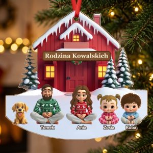 Bombka personalizowana z domkiem na choince – rodzina z dziećmi i psem przed czerwonym domkiem, napis Rodzina Kowalskich