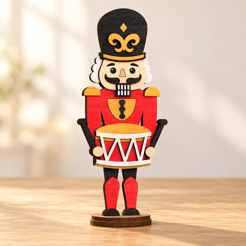 Drewniany dziadek do orzechów ze sklejki, figura 50 cm: dobosz w czarnej czapie z bębenkiem, w czerwonym mundurze