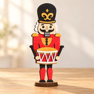 Drewniany dziadek do orzechów ze sklejki, figura 50 cm: dobosz w czarnej czapie z bębenkiem, w czerwonym mundurze
