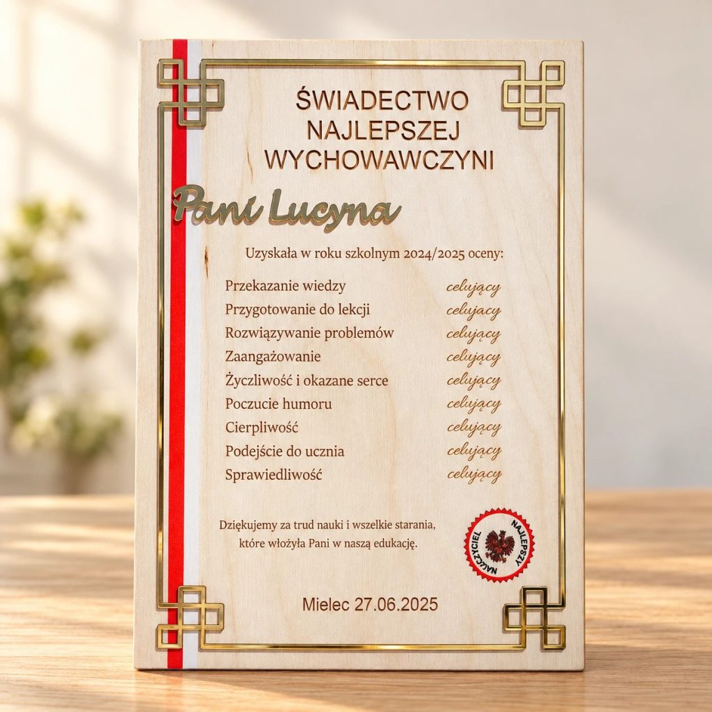 Drewniane świadectwo najlepszej wychowawczyni ze złotą ramką, ocenami i imieniem Pani Lucyna