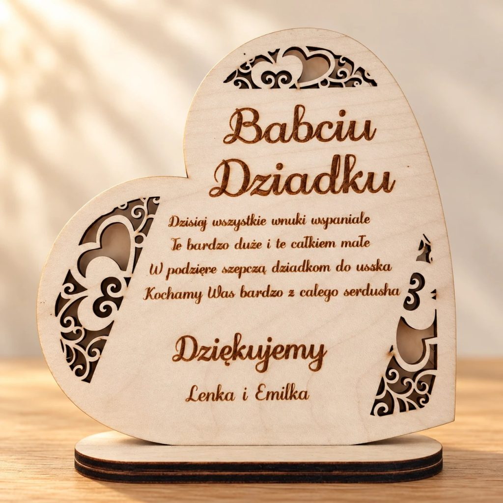 Drewniane ażurowe serce dla Babci i Dziadka z wierszykiem i podpisem wnuków