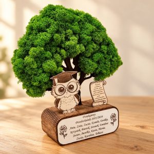 Statuetka z mchem dla nauczyciela: drzewo z zielonego mchu, sowa w birecie, papirus i drewniany boks z tabliczką z podziękowaniem i imionami przedszkolaków